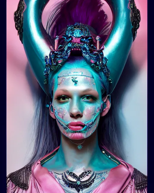 Image similar to natural light, soft focus portrait of a android with soft synthetic pink skin, blue bioluminescent plastics, smooth shiny metal, elaborate ornate head piece, piercings, face tattoo and scars, skin textures, by annie liebovotz, paul lehr,