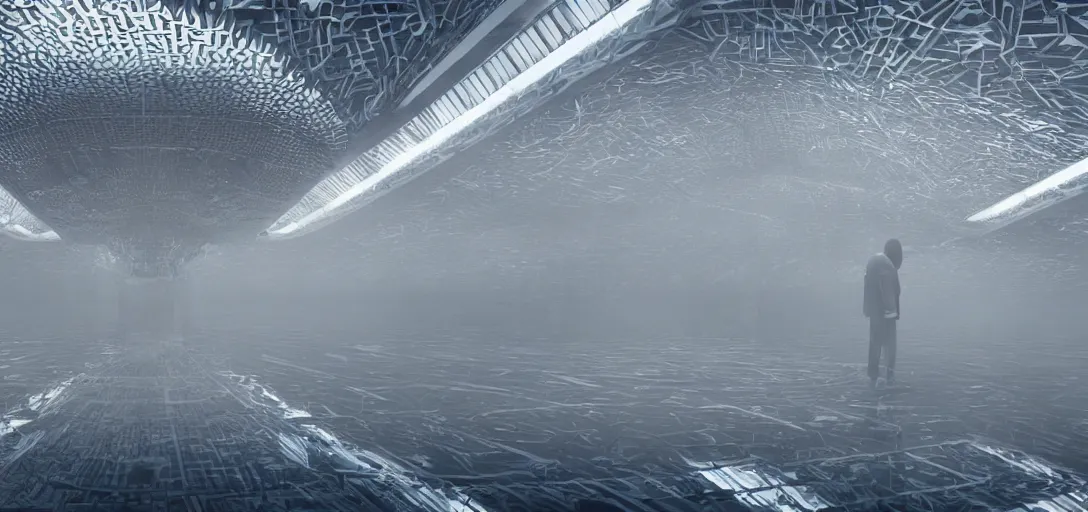 Image similar to a complex organic fractal 3 d metallic symbiotic ceramic duck shaped megastructure in a train station, foggy, sun rays, cinematic shot, photo still from movie by denis villeneuve, wayne barlowe