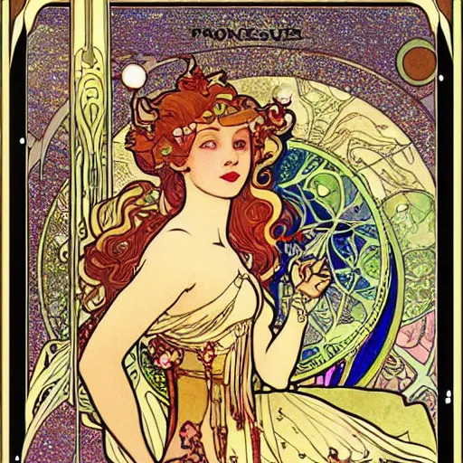 Image similar to princess fairy creating planets, art nouveau by Mucha, beautiful detailed illustration