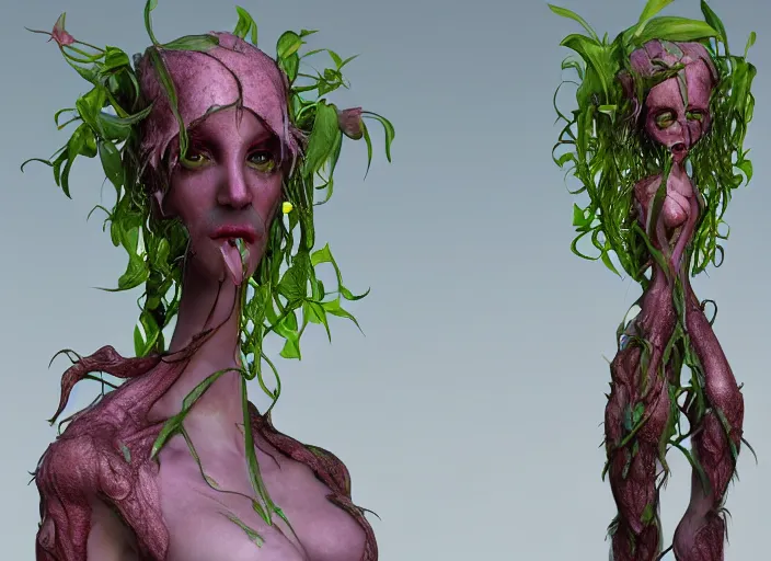 Prompt: Fantasy Alrune androgynous plant humanoid with flowers in hair man-eating plant body pitcher plant by Larry Elmore and Ilya Kushvikov, hulk green skin, symmetrical face concept art, octane render unreal engine meta humans, artstation