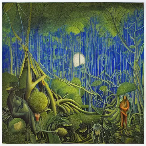 Prompt: a highly detailed album cover : a dense forest by bosch, by giger, by beardsley, lush greenery and electricity coming down to treetop transformers from storm clouds in a vivid blue sky, psychedelic color scheme