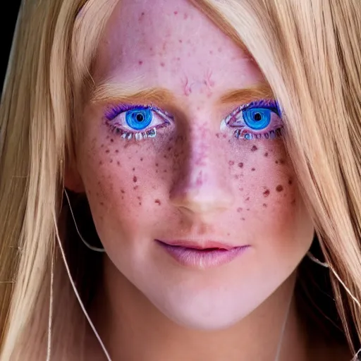 Image similar to close up headshot of a princess with long blonde hair and blue eyes wearing a strapless elaborately beaded pink dress, high resolution film still, 8k, HDR color, film by Simon Langton and David Frankel, triangular face, freckles, round narrow chin