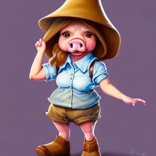 Image similar to cute little anthropomorphic funny female pig wearing shorts, a sunhat, boots and a pale blue shirt!! tiny!! fully clothed!!! small, short, cute and adorable, character art portrait, matte fantasy painting, deviantart artstation, by jason felix by steve argyle by tyler jacobson by peter mohrbacher, cinema