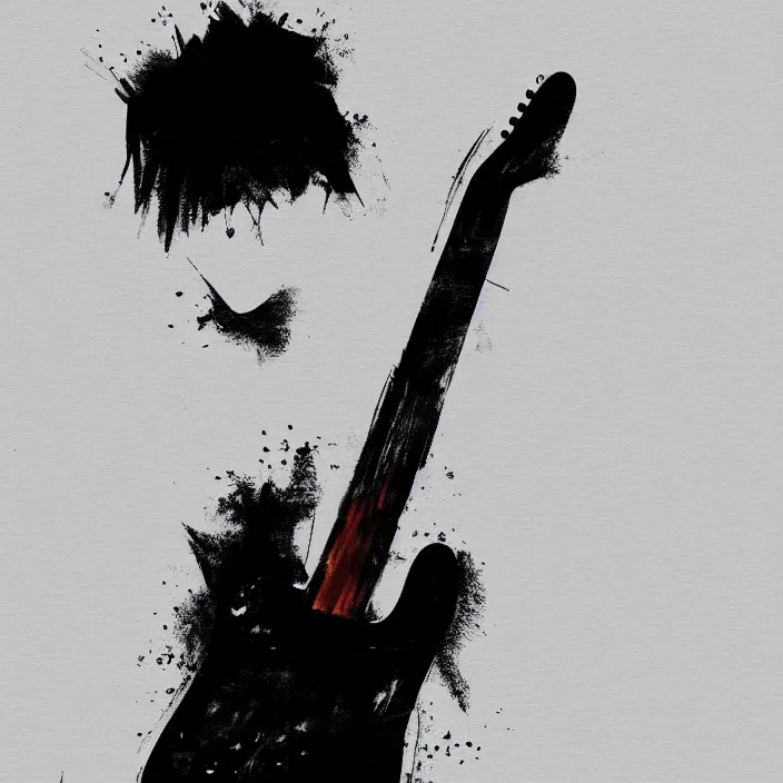 Image similar to minimal brush painting of a young korean man wearing black t shirt holding a telecaster electric guitar!!, dark background, huge dramatic brush strokes, matte colors, abstract, masterpiece, trending on artstation