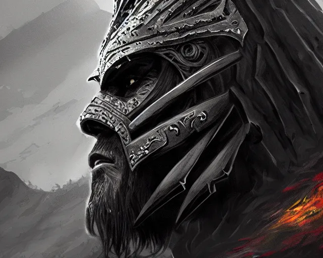 Image similar to realistic side view painting of a king in the mountain, angry, beautiful face, black iron armour, sword, lava, dramatic lighting, intricate, wild, highly detailed, digital painting, artstation, concept art, smooth, sharp focus, illustration