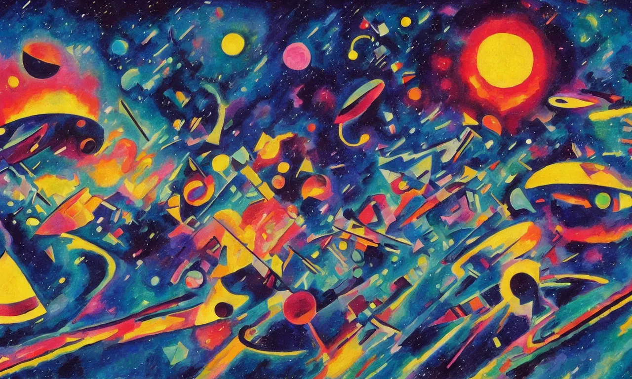 Prompt: Space ships reaching a black hole horizon, Picard on a starboard, Kandinsky style, digital art, perfect lighting