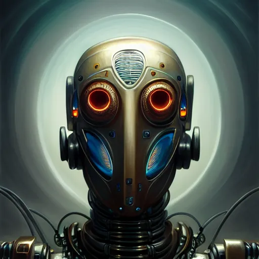 Image similar to front shot of a cyberpunk gazmask robot character, intricate, elegant, highly detailed, centered, digital painting, artstation, concept art, smooth, sharp focus, illustration, artgerm, Tomasz Alen Kopera, Peter Mohrbacher, donato giancola, Joseph Christian Leyendecker, WLOP, Boris Vallejo