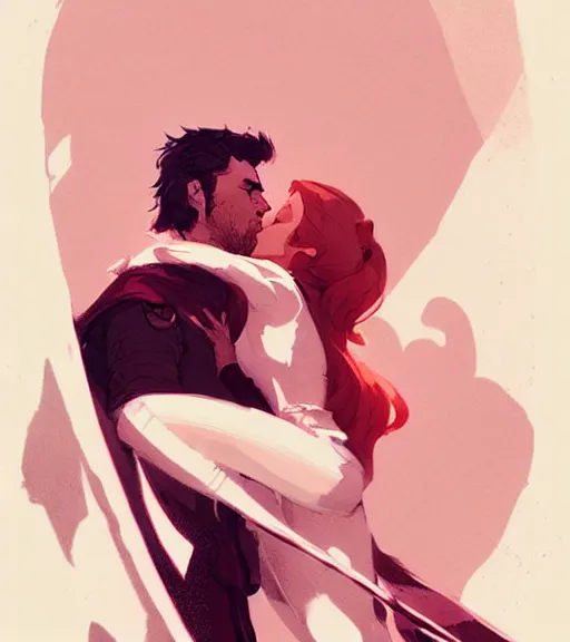 Image similar to portrait of cullen kissing dany by atey ghailan, by greg rutkowski, by greg tocchini, by james gilleard, by joe fenton, by kaethe butcher, dynamic lighting, gradient light pink, brown, blonde cream and white color scheme, grunge aesthetic