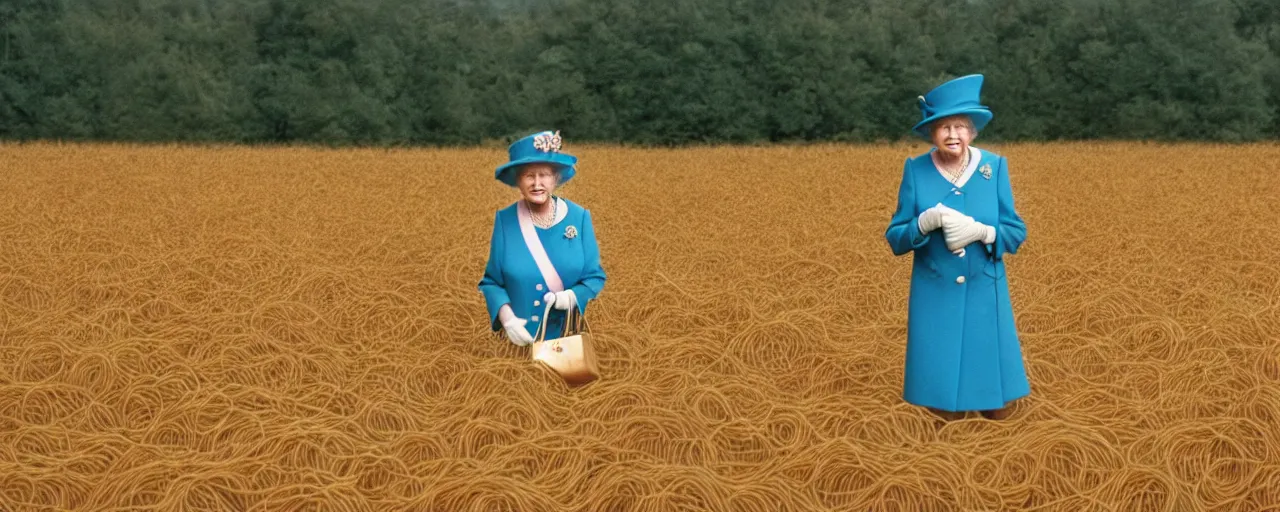 Prompt: queen elizabeth as a young woman walking through a field of spaghetti, canon 2 0 mm, wes anderson, kodachrome