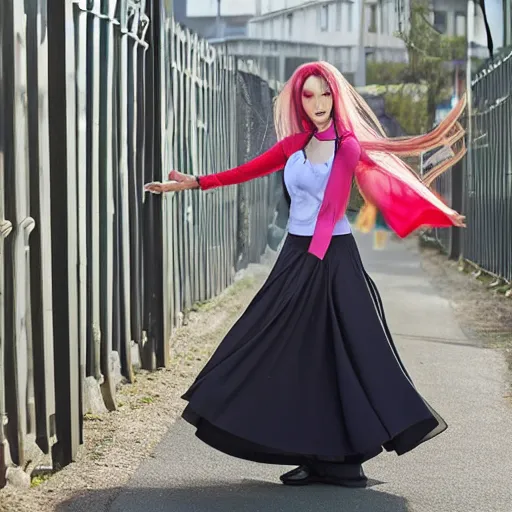 Prompt: An anime of a woman in long skirt dancing on the street by the fence