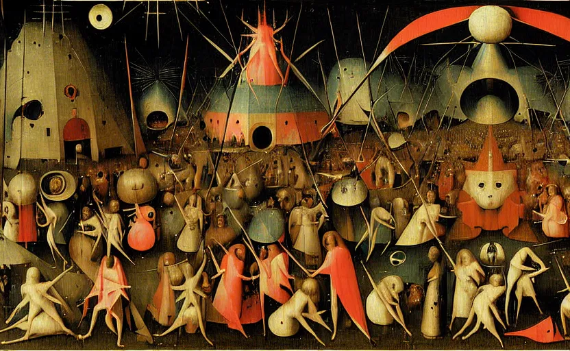 Image similar to geometric painting of an edm rave party by hieronymus bosch