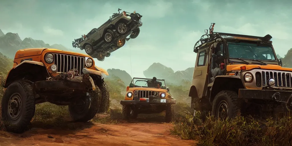 Prompt: Mahindra thar, furious chasing, action scene, an epic fantasy, dramatic lighting, cinematic, establishing shot, extremely high detail, photorealistic, cinematic lighting, matte painting, artstation, by simon stalenhag, Uncharted 4: A Thief's End