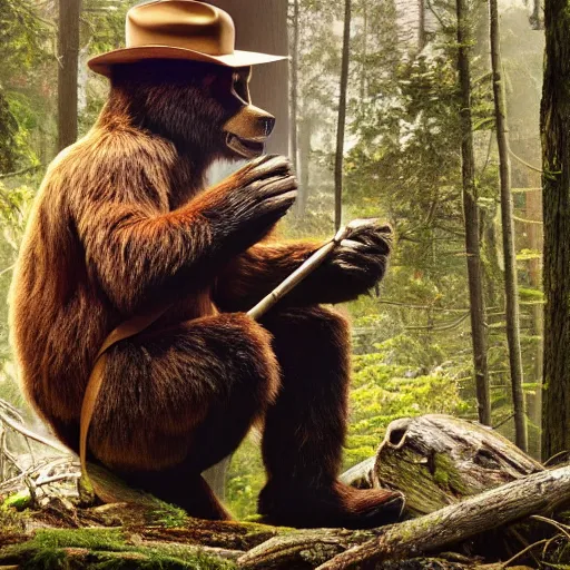 Image similar to UHD canndid photo of Smokey The Bear squatting on a commode in the woods, by Annie leibowitz, photorealisitc, extremely detailed