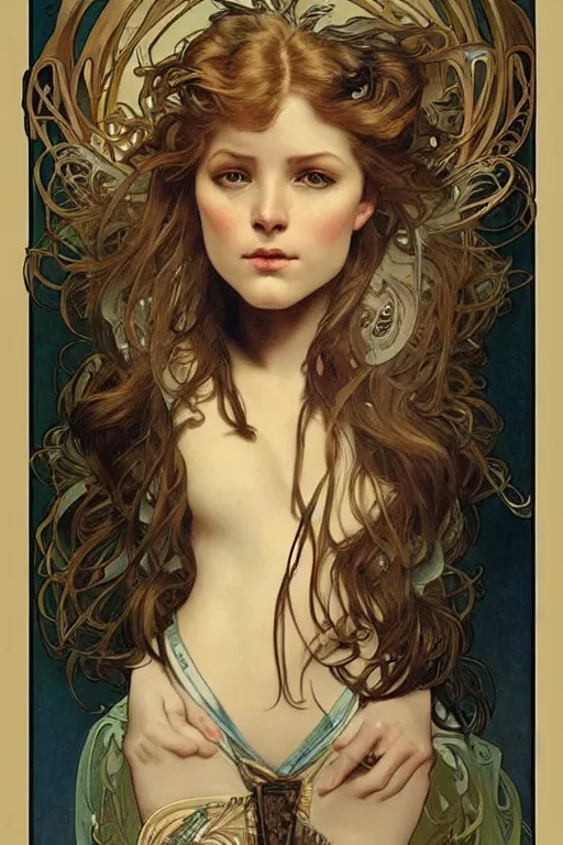 Prompt: realistic detailed portrait of Taii Gordon by Alphonse Mucha, Ayami Kojima, Amano, Charlie Bowater, Karol Bak, Greg Hildebrandt, Jean Delville, and Mark Brooks, Art Nouveau, Neo-Gothic, gothic, rich deep moody colors