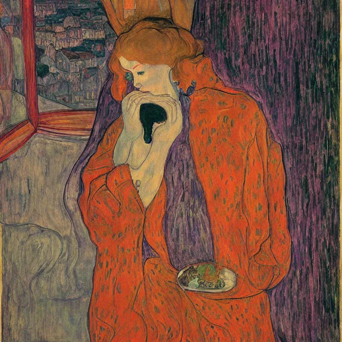 Image similar to close portrait of woman in transparent vaporous night gown with cat, with city with gothic cathedral seen from a window frame with curtains. autumn light, vivid iridescent psychedelic colors. munch, egon schiele, henri de toulouse - lautrec, utamaro, monet, agnes pelton, lucas cranach