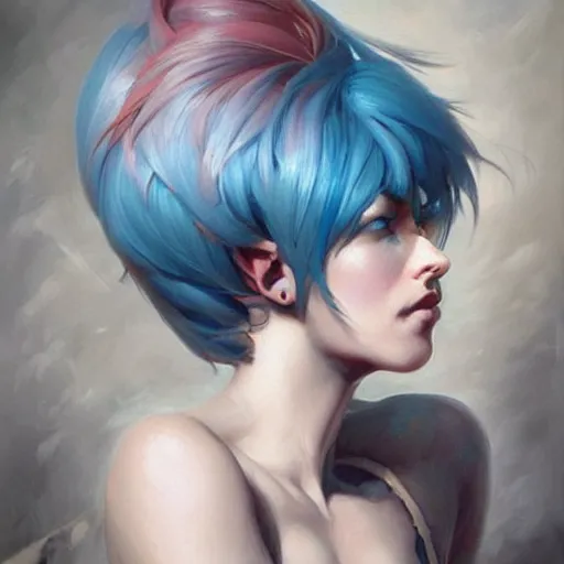 Image similar to a beautiful painting of a woman with short blue hair representative of the art style of artgerm and wlop and peter mohrbacher