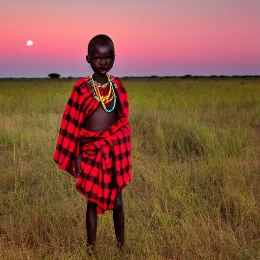 Image similar to a maasai girl standing in the savanna during a sunset