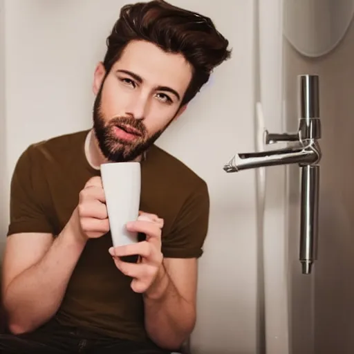 Image similar to dream an attractive young man sitting on top of the toilet drinking coffee and scrolling tiktok on his iphone, distant thoughtful look