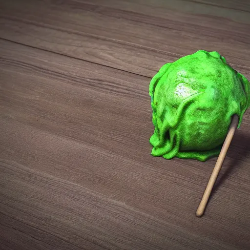 Image similar to short wooden cane with green slime on it, octane render