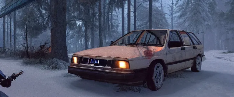 Image similar to Scrap Audi 80 B3 Avant (1988) facing a strider, Half-Life 2: Episode 2 (PC), a post-apocalyptic outland, White Forest, dramatic lighting, cinematic, establishing shot, extremely high detail, photorealistic, cinematic lighting, artstation, by simon stalenhag