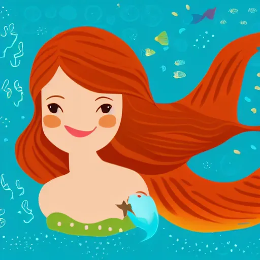 Prompt: a mermaid in the sea with fish, Anthropomorphized, portrait, highly detailed, colorful, illustration, smooth and clean vector curves, no jagged lines, vector art, smooth