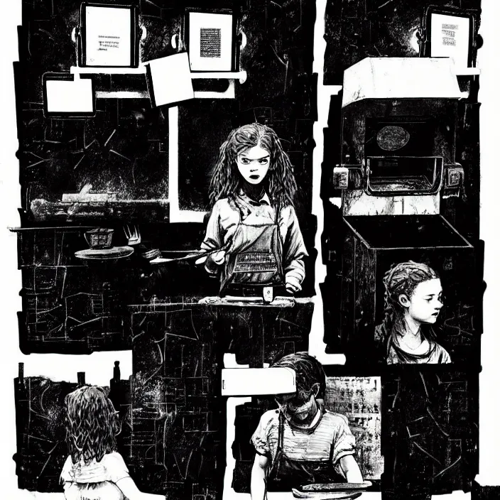 Image similar to sadie sink as a coal miner : eats bread at a table. inside a dirty automated kiosk. bright tasty food options displayed on a wall. black tiles on walls. black and white, pencil and ink. by gabriel hardman, joe alves, chris bonura. cinematic atmosphere, detailed and intricate, perfect anatomy