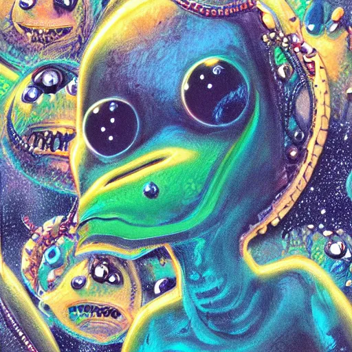 Image similar to alien with jewels for eyes, on exotic dreamy planet, jim henson creature shop, heavy metal magazine, illustration, mike mignogna