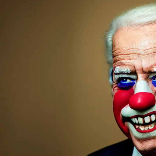 Image similar to UHD candid photo of Joe Biden dressed as a clown, wearing accurate clown makeup, accurate face, UHD, photorealistic, correct face, photo by Annie Leibowitz