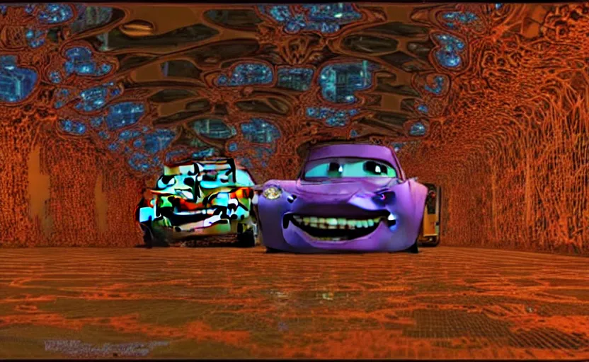 Image similar to mater from cars in a mirrored fractal hallway, romance novel cover, in 1 9 9 5, y 2 k cybercore, low - light photography, still from a ridley scott movie