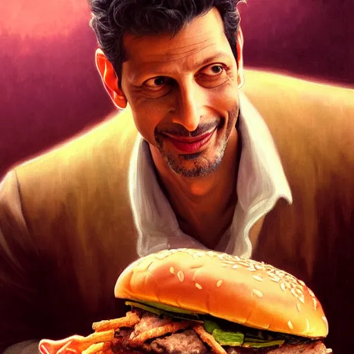 Prompt: painted portrait of ( jeff goldblum ) biting and eating giant hamburgers, mature, handsome, fantasy, intricate, elegant, highly detailed, digital painting, artstation, concept art, sharp focus, illustration, illumination, holy ethereal light, art by gaston bussiere and alphonse mucha