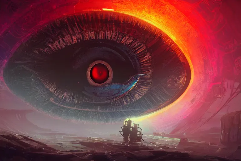 Image similar to giant mysterious eye, sci - fi, glow, abstract intricate, cinematic, wlop, dan mumford, octane render, artstation hd