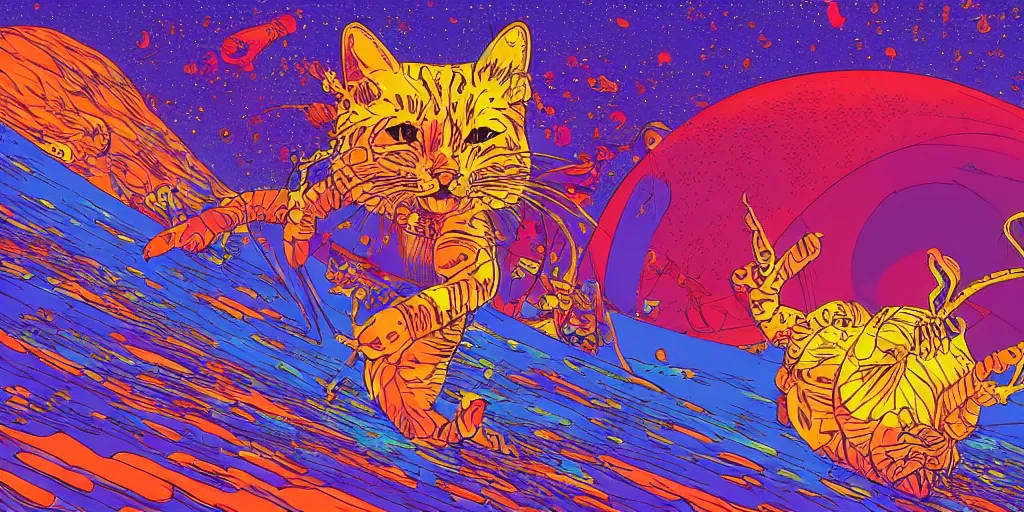 Prompt: electric cats that fly over ice, a lot of tv screens around, shrimps are all over the ground, acid and dreaming psychedelic hallucinations, by moebius and jean giraud, colorful flat surreal design, hd, 8 k, artstation