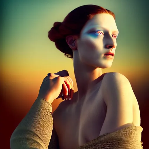 Image similar to photographic portrait of a stunningly beautiful renaissance replicant android with glitch art tattoos female in soft dreamy light at sunset, contemporary fashion shoot, by edward robert hughes, annie leibovitz and steve mccurry, david lazar, jimmy nelsson, breathtaking, 8 k resolution, extremely detailed, beautiful, establishing shot, artistic, hyperrealistic, beautiful face, octane render