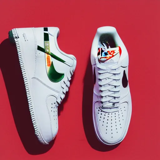 Prompt: a studio photoshoot of A Nike Air Force 1 designed by Virgil Abloh, mesh fabrics, Off-White, realistic, color film photography by Tlyer Mitchell, 35 mm, graflex