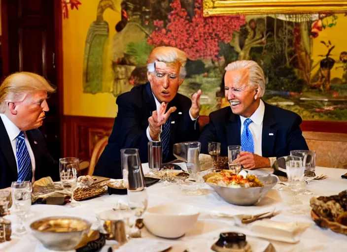 Image similar to Trump and Biden having dinner at a fancy Balinese restaurant, award winning cinematic photography, 50 mm, blurred background, trending on twitter