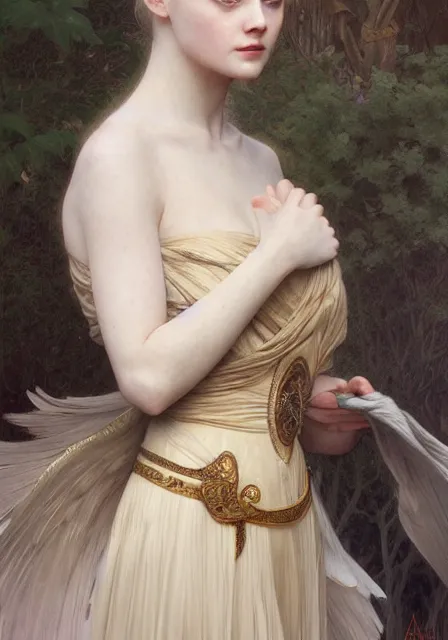 Image similar to sansa elle fanning, intricate, elegant, highly detailed, digital painting, artstation, concept art, smooth, sharp focus, illustration, art by artgerm and greg rutkowski and alphonse mucha and william - adolphe bouguereau