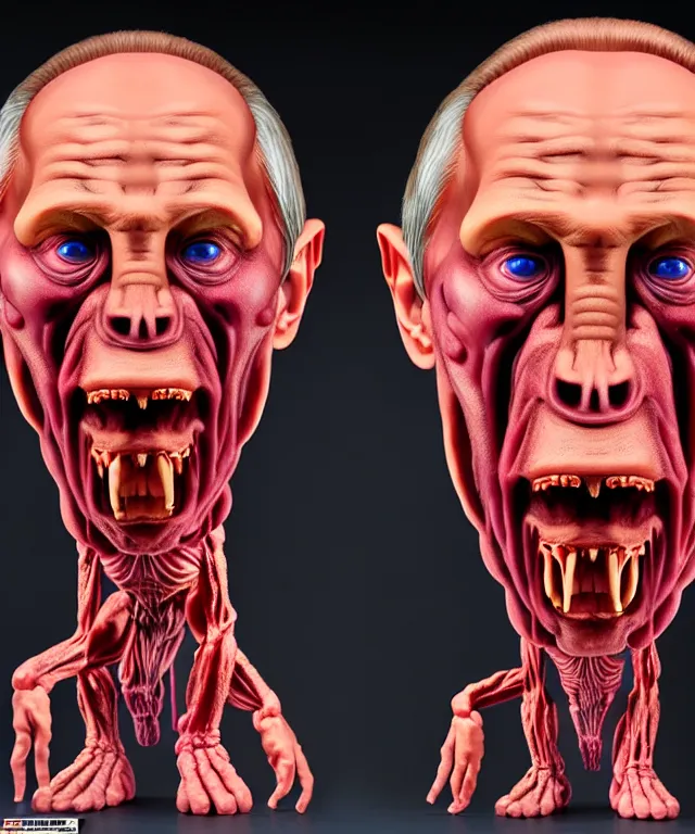 Image similar to hyperrealistic rendering, cronenberg flesh monster vladimir putin by art of skinner and richard corben and jeff easley, product photography, action figure, sofubi, studio lighting, colored gels