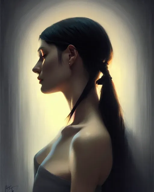 Image similar to stylized portrait of an artistic pose, composition, dark mysterious young lady, cinematic moody colors, one single head, realistic shaded, fine details, realistic shaded lighting poster by ilya kuvshinov, magali villeneuve, artgerm, jeremy lipkin and michael garmash and rob rey