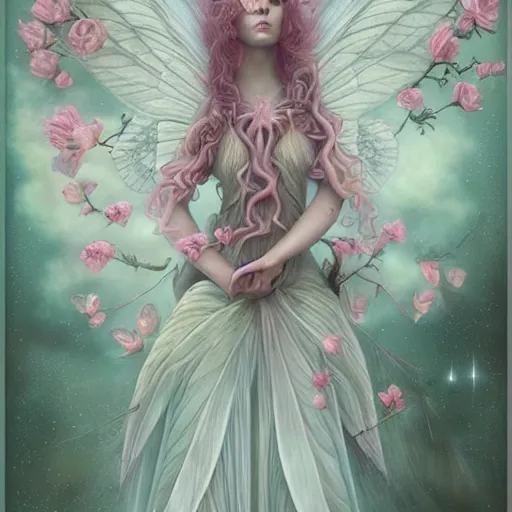 Image similar to symmetry!! a pink beautiful fairy with large wings and flowing hair is exploring her flower garden, style of tom bagshaw, extremely detailed, muted colors, negative space