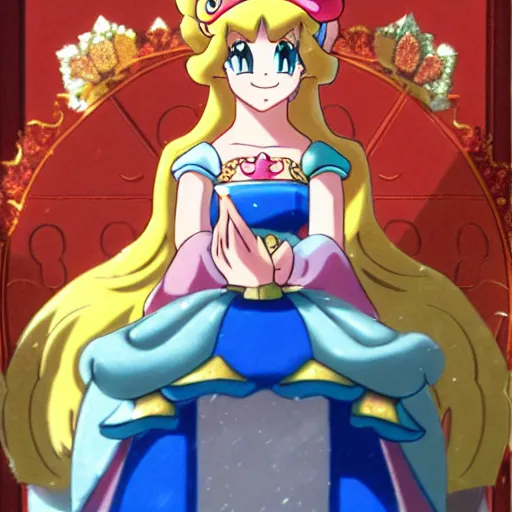 Image similar to young princess peach crowned empress of the mushroom kingdom, anime style, coronation, cinematic lighting, 1 6 th century,