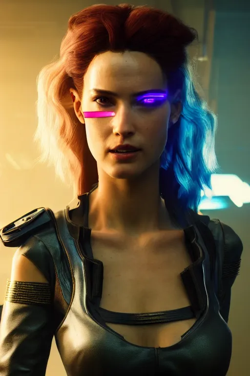 Image similar to A film still of beautiful woman as a character in cyberpunk 2077, highly detailed, digital painting, artstation, concept art, sharp focus, illustration, cinematic lighting, art by artgerm and greg rutkowski and alphonse mucha diffuse lighting, fantasy, intricate, elegant, highly detailed, lifelike, photorealistic, digital painting, artstation, illustration, concept art, smooth, sharp focus, art by John Collier and Albert Aublet and Krenz Cushart and Artem Demura and Alphonse Mucha