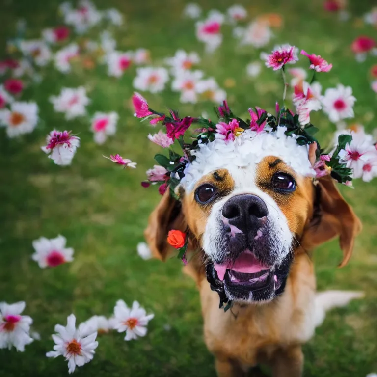 Prompt: a very artistic painting of a single dog with flowers on his head, beautiful and cute, long exposure, high quality, detailed, 8 k resolution, analytical art, art photography, moco, paris school, romanticism