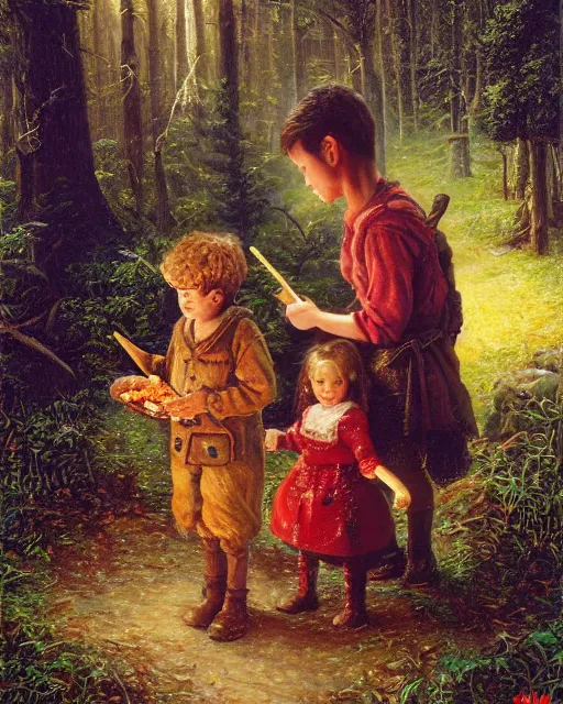 Prompt: an oil painting of a young, poor peasant brother and sister lost in the forest, with a witch's gingerbread house coverd in candy, by thomas kincade, ivan shiskin, and james gurney