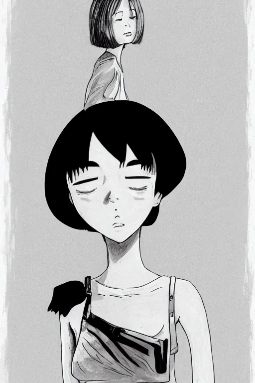 Image similar to portrait of a girl in long pants and a top, hands in pockets, eyes closed, bob haircut, digital art, black and white, clean sketch by junji ito and kaoru mori