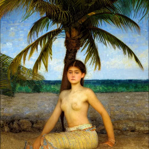 Image similar to a ultradetailed beautiful painting of a girl in the amazonas palace designed by jules bastien - lepage, hans belmer, frank weston and gustave baumann, beach, trending on artstation, mediterranean, palm trees, light sparkles, sharp focus, soft light, 8 k 4 k