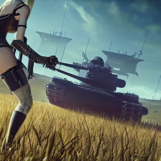 Image similar to a high resolution very detailed image of a 2 in russian tank boss fight from nier : automata in yellow rye field under pure blue skies