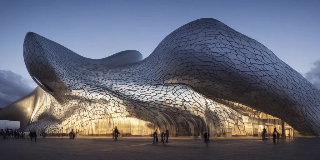 Image similar to extremely detailed ornate stunning sophisticated beautiful elegant futuristic museum exterior by Zaha Hadid, stunning volumetric light, stainless steal, concrete, translucent material, beautiful sunset, tail lights