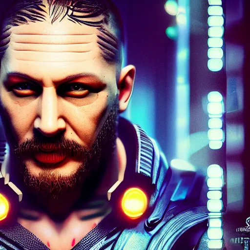 Image similar to tom hardy portrait, cyberpunk 2 0 7 7, cyberpunk, photorealistic, ultra detailed, neon, octane, bokeh, cinematic lighting, cyber, cyberpunk city, studio quality, feature, scars, cyberface, 8 k