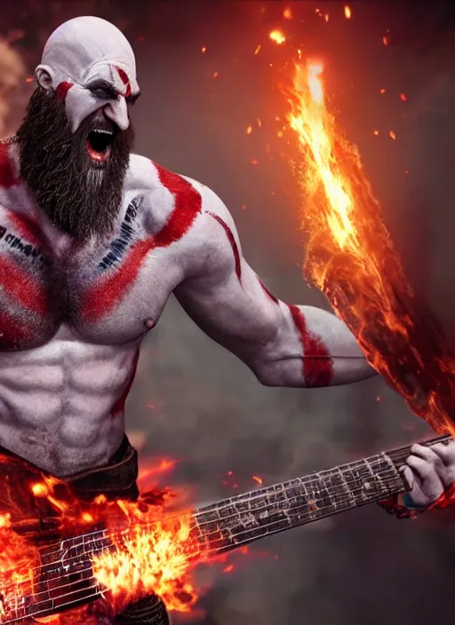 Image similar to screaming kratos rocking out on a flaming stratocaster guitar, cinematic render, god of war 2 0 1 8, playstation studios official media, lightning, flames, red left eye stripe, left eye stripe, left eye stripe, left eye stripe, clear, coherent