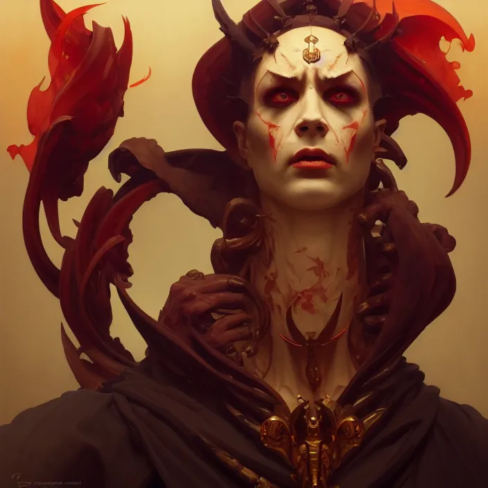 Image similar to excellent painted portrait of the grand demon tyrant, stylized dramatic lighting oil painting, symmetry, 8k resolution artwork, trending on artstation, octane render, art by artgerm and greg rutkowski and alphonse mucha and craig mullins and James Jean and Andrei Riabovitchev and Marc Simonetti and peter mohrbacher